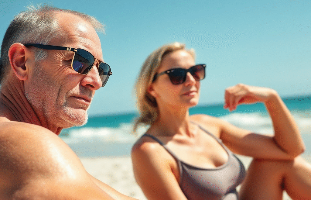 Ein Mann und eine Frau sitzen bei sonnigem Wetter entspannt am Strand, tragen Sonnenbrillen und genießen den Blick auf das Meer.